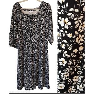J.Jill NWOT Midi Dress M Black Floral Button Front 3/4 Sleeve Square‎ Neck